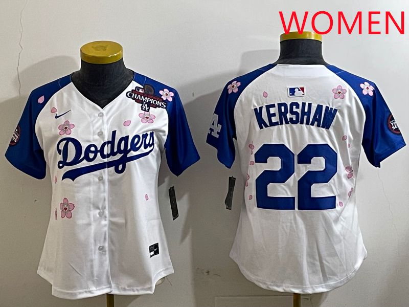 Women Los Angeles Dodgers #22 Kershaw White Blue Sakura Edition 2025 Nike MLB Jersey style 5->women mlb jersey->Women Jersey